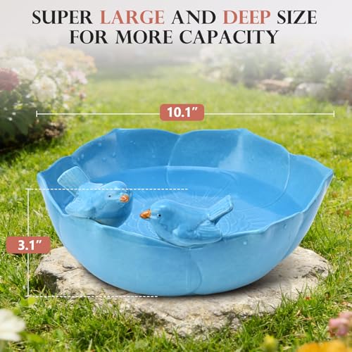 Glazed Ceramic Bird Bath Bowl Outdoor (Blue)