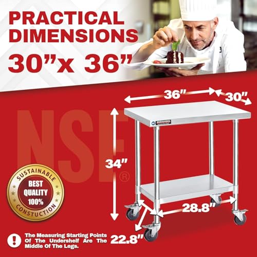 30x36 NSF Stainless Steel Cart Work Table (30" x 36" / Table Cart with Casters)