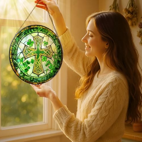 8'' St. Patrick's Day Cross Stained Glass Suncatcher Ornament (Cross-b)