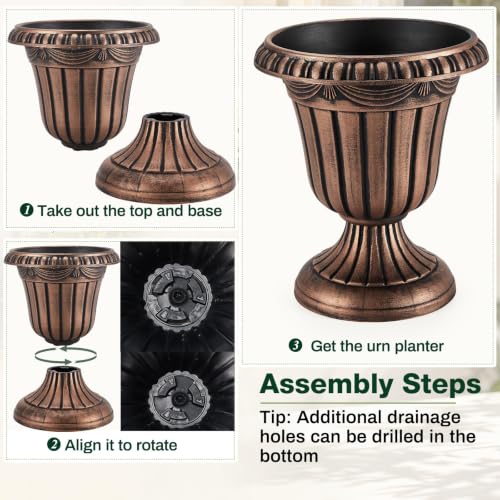 4 Pcs 10 x 12 Inches Brushed Copper Plastic Urn Planter Classic Flower Pots Front Porch Planters Indoor Outdoor Planters with Pedestal for Wedding Party Bridal Shower Garden Patio Porch (10 x 12 Inches / Brushed Copper)