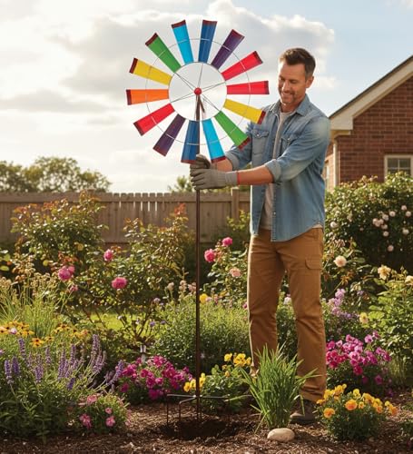 Wind Spinner Outdoor Metal Kinetic Yard Art with Stake (Rainbow / Medium (70-79 Inch))