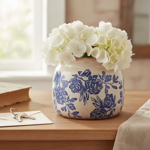 Chinoiserie Ceramic Plant Pot for Garden Decor (Blue & White Chinoiserie Floral / 6.3 in)