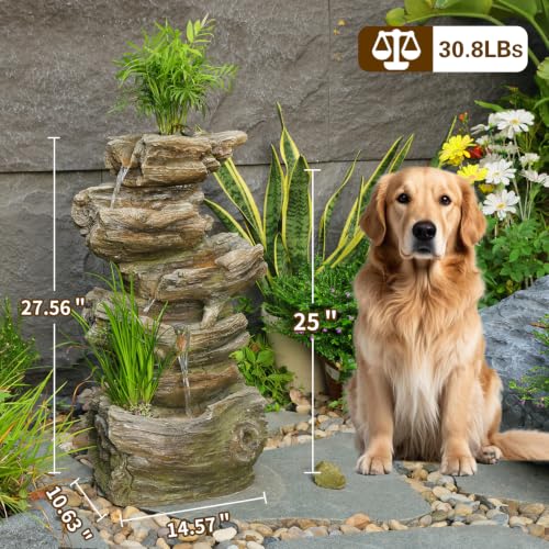 28" Wood Outdoor Water Fountain with Planter for Garden Decor (27.56"H / Brown)