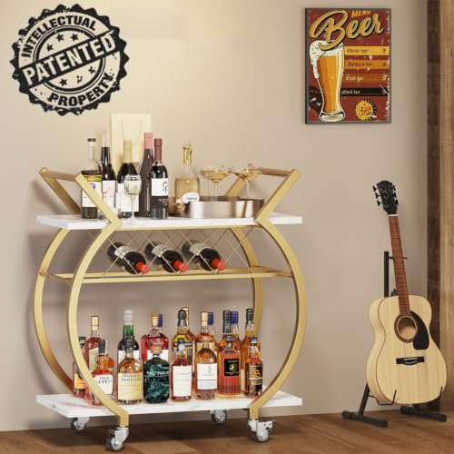 Gold Bar Cart with Wheels (Gold White Marble)