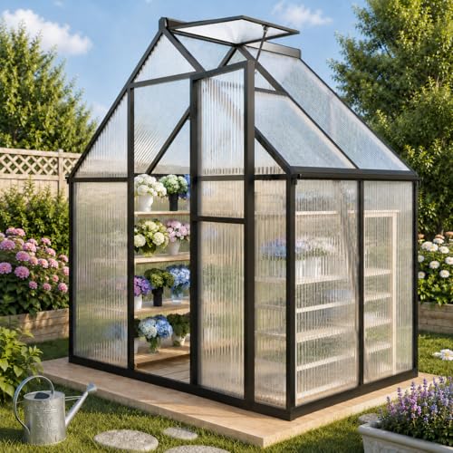 6x4FT Outdoor Greenhouse with Roof Vent (Charcoal Black / 6×4FT)