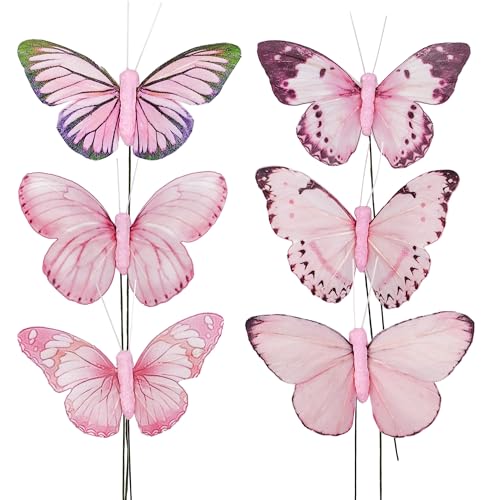 Artificial Feather 3D Butterfly Party Decorations Set of 12 with Wire 6 Pink Color Ornaments for Christmas Tree (A Wire)