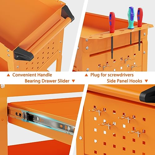 3 Tier Heavy Duty Rolling Tool Cart with Drawers (Orange)