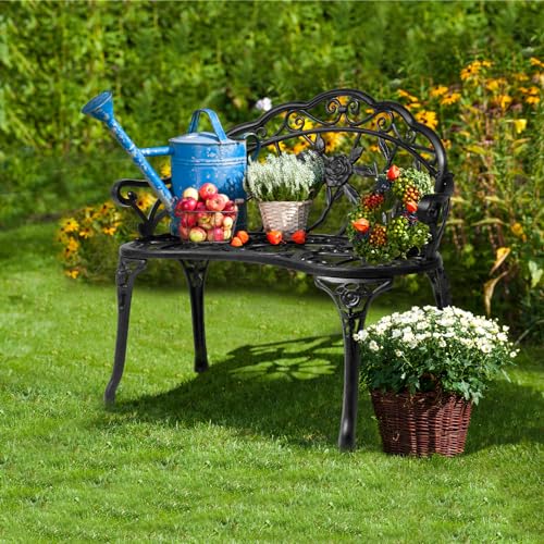 38.5" Patio Park Garden Outdoor Metal Rose Bench (Black / Rose)
