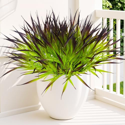 12 Bundles Artificial Outdoor Plants UV Resistant Fake Grass Plants Faux Plastic Plants Greenery Shrubs for Home Garden Pathway Summer Decor (Deep Purple / 12)