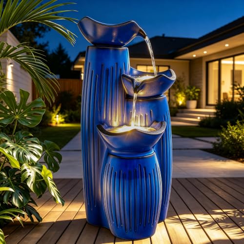 Autodaya 30" H Modern Ceramic Outdoor Water Fountain (Cobalt Blue Fluted-30"h)