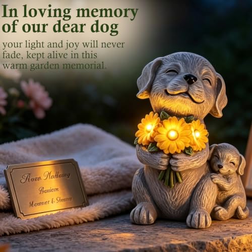 Garden Statue Dog Figurine with Solar Sunflowers Bouquet Outdoor Decoration