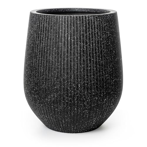 Signature Mount Wilson Modern Indoor Outdoor Fiberstone Tapered Planter (Ribbed Black / 11'' D x 12'' H)