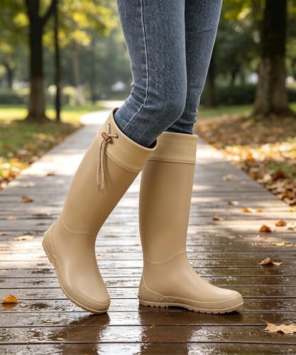 Women's Packable Tall Rain Boots Ultra Lightweight Garden Boots (10 / Khaki)