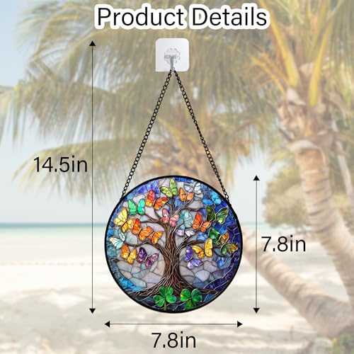 Butterfly Tree of Life Stained Glass Window Hanging Suncatcher Gifts 7.8" (Colorful / 7.8x7.8 IN)