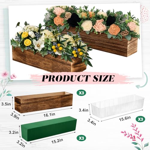 3 Set Wood Rectangle Boxes 16x4 Inch Rustic Planter with Liner (16x4 Inch)