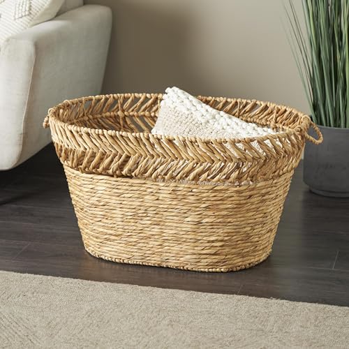 Seagrass Handmade Decorative and Functional Storage Basket Large Woven Oval Basket Organizer with Zig Zag Patterned Rim (30" x 20" x 17" / Brown)