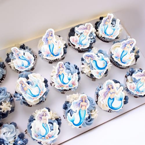 54Pcs Edible Colorful Mermaid Cupcake Toppers Mermaid Cupcake Picks for Under The Sea Party Decoration Baby Shower Girls Mermaids Birthday Ocean Theme Bridal Shower Wedding Supplies (Blue Purple)