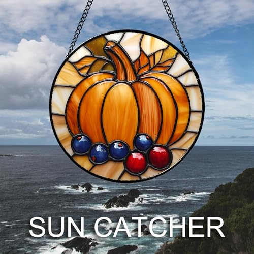 Pumpkin Berry Harvest Stained Glass Window Hanging Suncatcher Gifts 12"