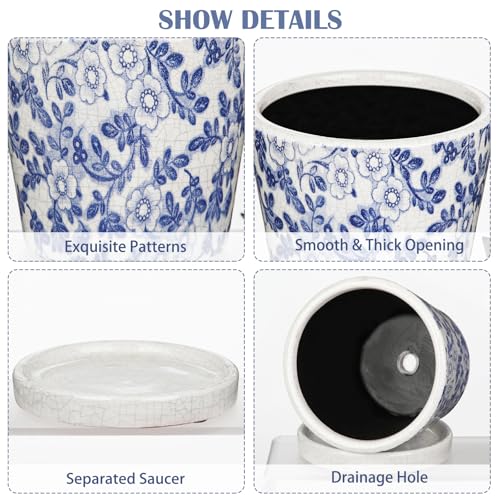 Ceramic Pot for Plants 5.5 inch Blue and White Pot for Plants Small Chinoiserie Planter Pots with Drainage Hole and Saucers Outdoor Inoor Blue Flower Pots for Succulent (Blue and White)