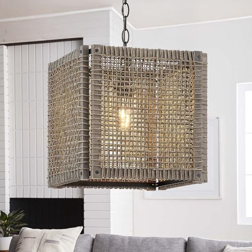 Farmhouse Rattan Chandelier 12" Handwoven Pendant Light Fixtures with Gray Square Solid Wood Frame (12” / Gray)