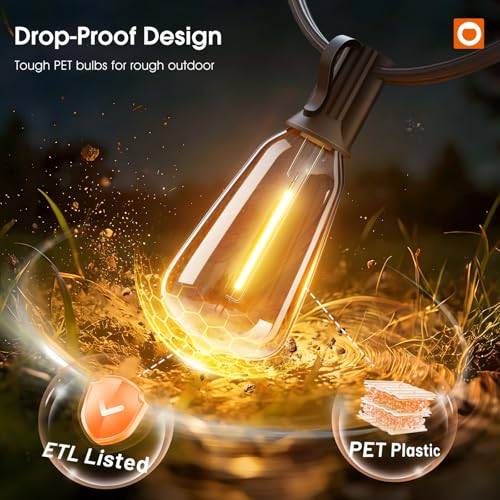 200FT(50*4) Outdoor String Lights with Remote LED Edison Waterproof (Black-Remote / 200FT (100 Sockets))