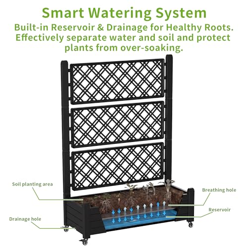 Rolling Garden Planter Box with Trellis & Lockable Casters (Black / 43.43*18.27*64.29)