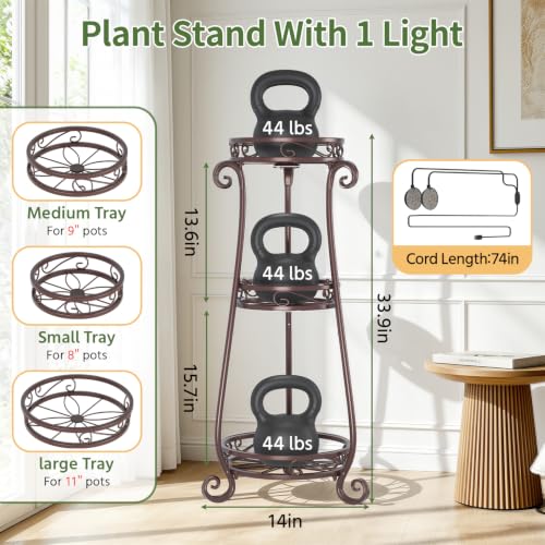 3 Tiers Metal Corner Plant Stand Tall with Light for Indoor Outdoor (Bronze with Light / 3 Tier)