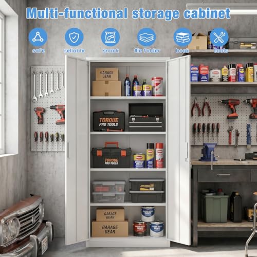 71 Inch Lockable Metal Storage Cabinet (White / 15.75"D x 31.50"W x 70.87"H)