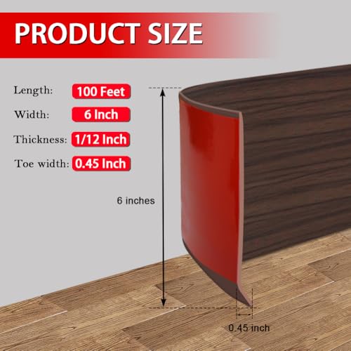 Vinyl Wall Base Rubber Baseboard Molding Trim Self Adhesive 6" Wide (Brown Wood Grain / 6in x 100ft)