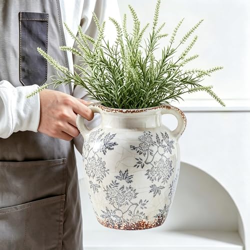 Blue and White Ceramic Vase with Handles (01-blue and White-7.8 in)