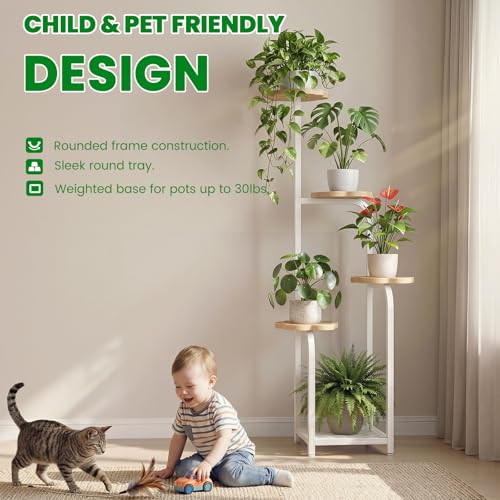 Tall 5 Tier Wood Plant Stand Indoor (Wood + White / 5-Tier Square Base)