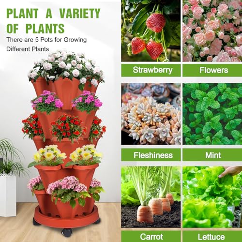 Vertical Strawberry Planter 5 Tier Stackable Tower Herb Planters Stacking Outdoor Garden Planters Pot With Tools Mover For Growing Flowers