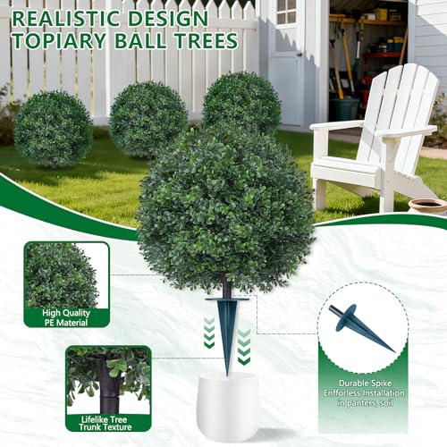 Artificial 4 Pack Boxwood Topiary Plant with Ground Spike for Outdoor (Boxwood Ball 4pcs)