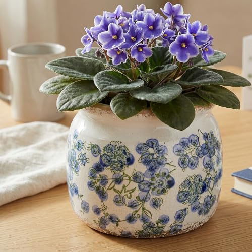 Vintage Cottage Ceramic Planters (Deep Blue Floral / 6.3 in)