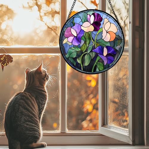 Purple Pink Flower Leaves Stained Glass Window Hanging Suncatcher Gift 6.3" (Multiple Colors / 6.3x6.3 IN)