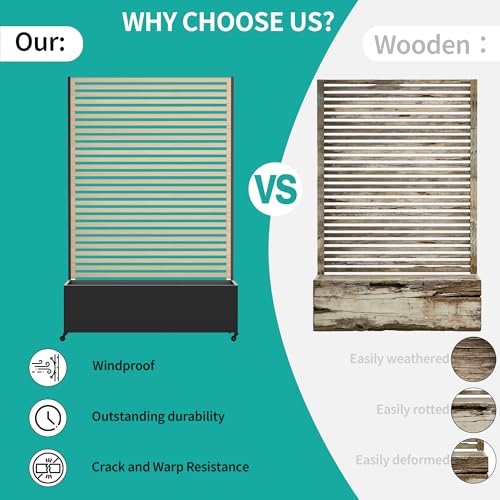 Metal Planter Box with Trellis Privacy Screen (Wood Grain / 73"x 47"x 16")
