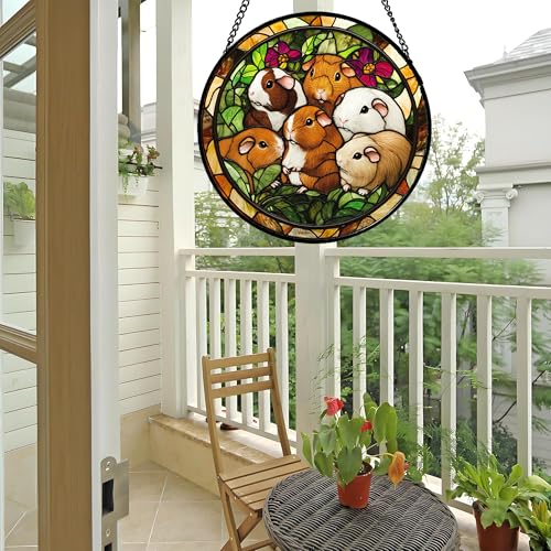 Guinea Pig Family Garden Stained Glass Window Hanging Suncatcher Gifts 9.8" (Brown and White / 9.8x9.8 IN)