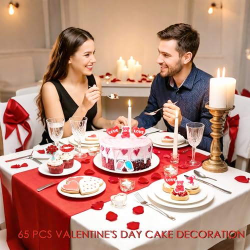 65PCS Valentine's Day Edible Cupcake Toppers & Cake Decorations Romantic Wafer Paper Assortment with Hearts (Red)