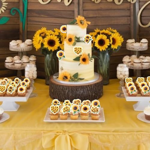 63 PCS Edible Sunflower Cupcake Toppers Wafer Paper Flower Party Cake Toppers Decorations Edible Sunflower Cupcake Picks for Baby Shower Wedding Birthday Party Cake Decorations Supplies (Design 15)