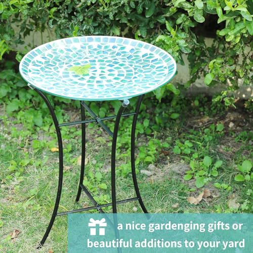 Mosaic Glass Bird Baths with Metal Stand for Garden Birdfeeder Decor (Green)