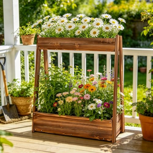 36" 2 Tier Freestanding Elevated Wooden Raised Garden Bed (36" H Garden Bed-carbonized Wood Color)