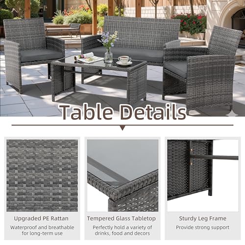 4 Piece Patio Ratten Set Outdoor Furniture Set Wicker Conversation Set with Cushions and Tempered Glass Tabletop (Grey)