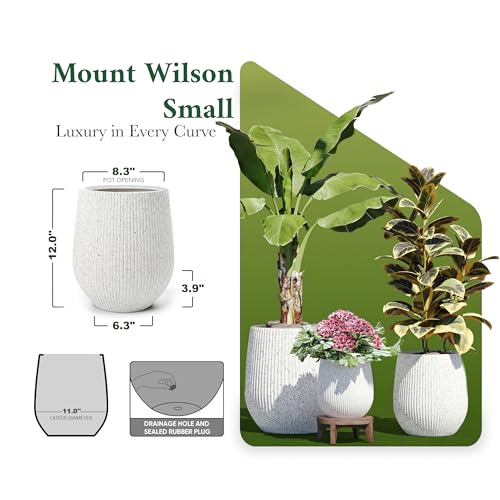 Signature Mount Wilson Modern Indoor Outdoor Fiberstone Tapered Planter (Ribbed White / 11'' D x 12'' H)