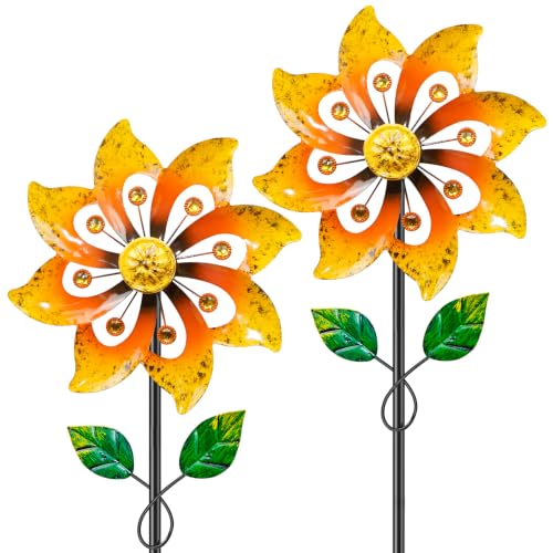 2pcs Metal Wind Spinners Outdoor with Stake for Yard Lawn Garden (2pc Yeloow)