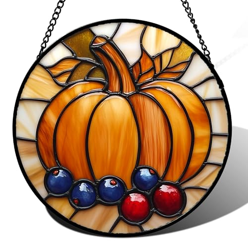 Pumpkin Berry Harvest Stained Glass Window Hanging Suncatcher Gifts 9.8"
