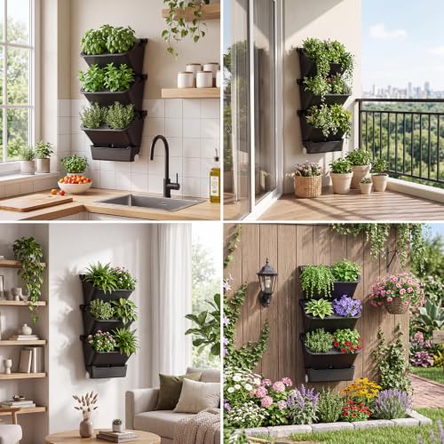 3 Set 6 Pocket Vertical Stackable Wall Planters Kit Outdoor Self Watering Plastic Planter Grow Hang Mount System for Strawberry Flower Vegetable Home Fence Balcony Wall Decor (Black)