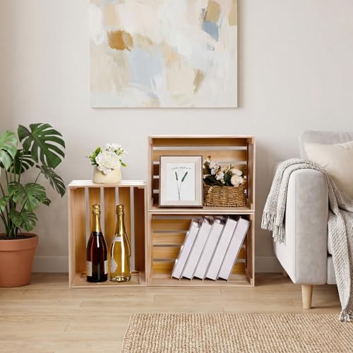 3 Pack Large Wood Crates Box for Storage 12 x 10 x 8 Inch Unassembled Wooden Milk Crates with Handle Decorative Nesting Box for Display Rustic Decor DIY Office Home Retail Art Craft (Wood / 12 Inch)