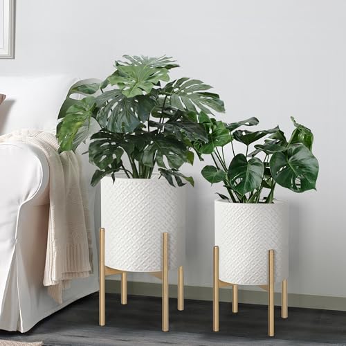 Planters for Indoor Plants Set of 2 Modern Metal Planter with Stand (Cream White / 8"&10")