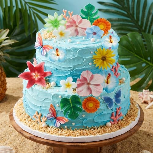 54 Pcs Edible Flowers Cupcake Cake Toppers Decorations Wafer Paper Green Leaf & Tropical Flower for for Hawaiian Birthday Tropical Luau Summer Party Wedding (Pink & Purple & Orange & Green)