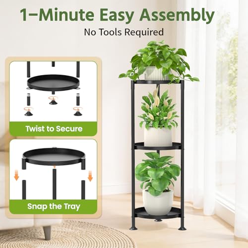 Plant Stand Indoor Tall Corner with Large Metal Tray (Standard Black / 3 Tier)